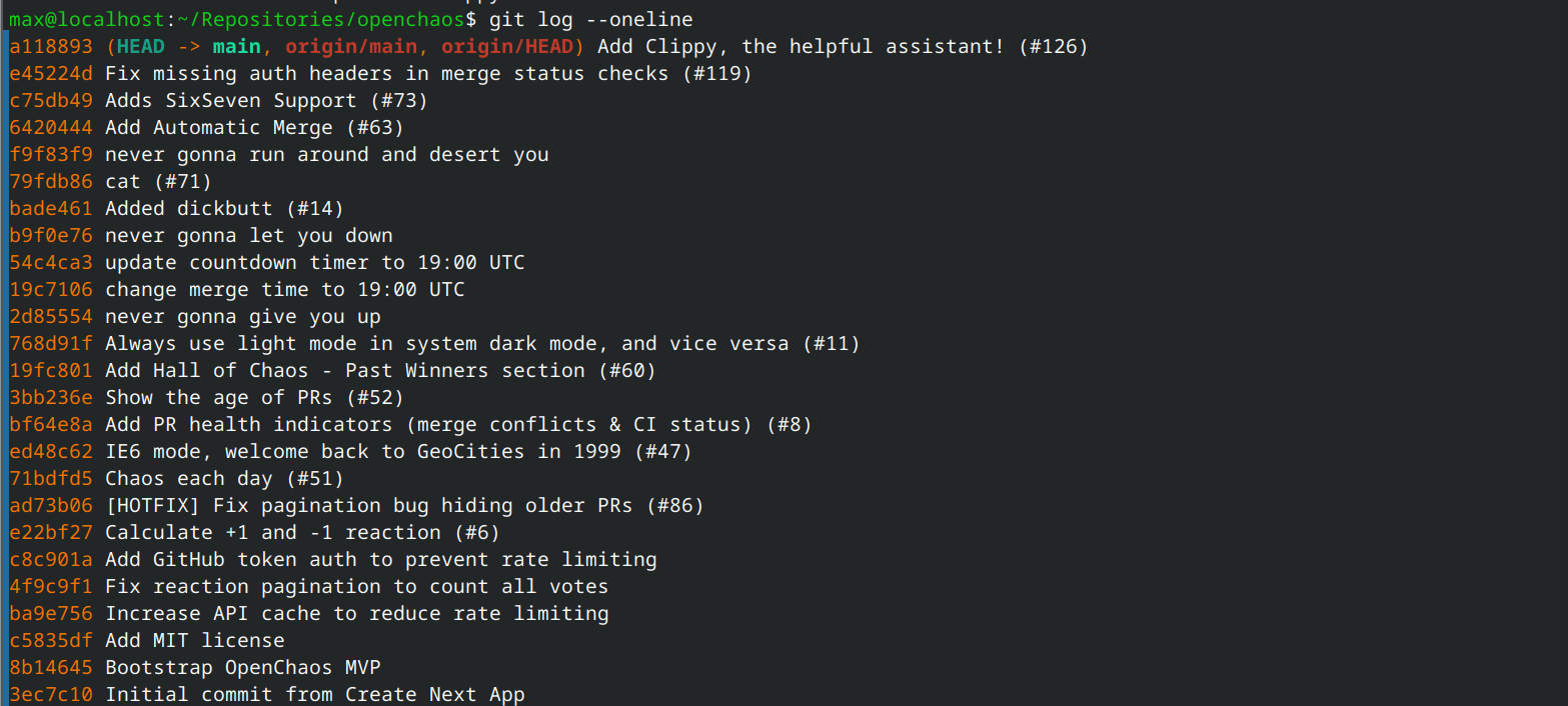 git log --oneline showing the three Rick Astley commits in sequence