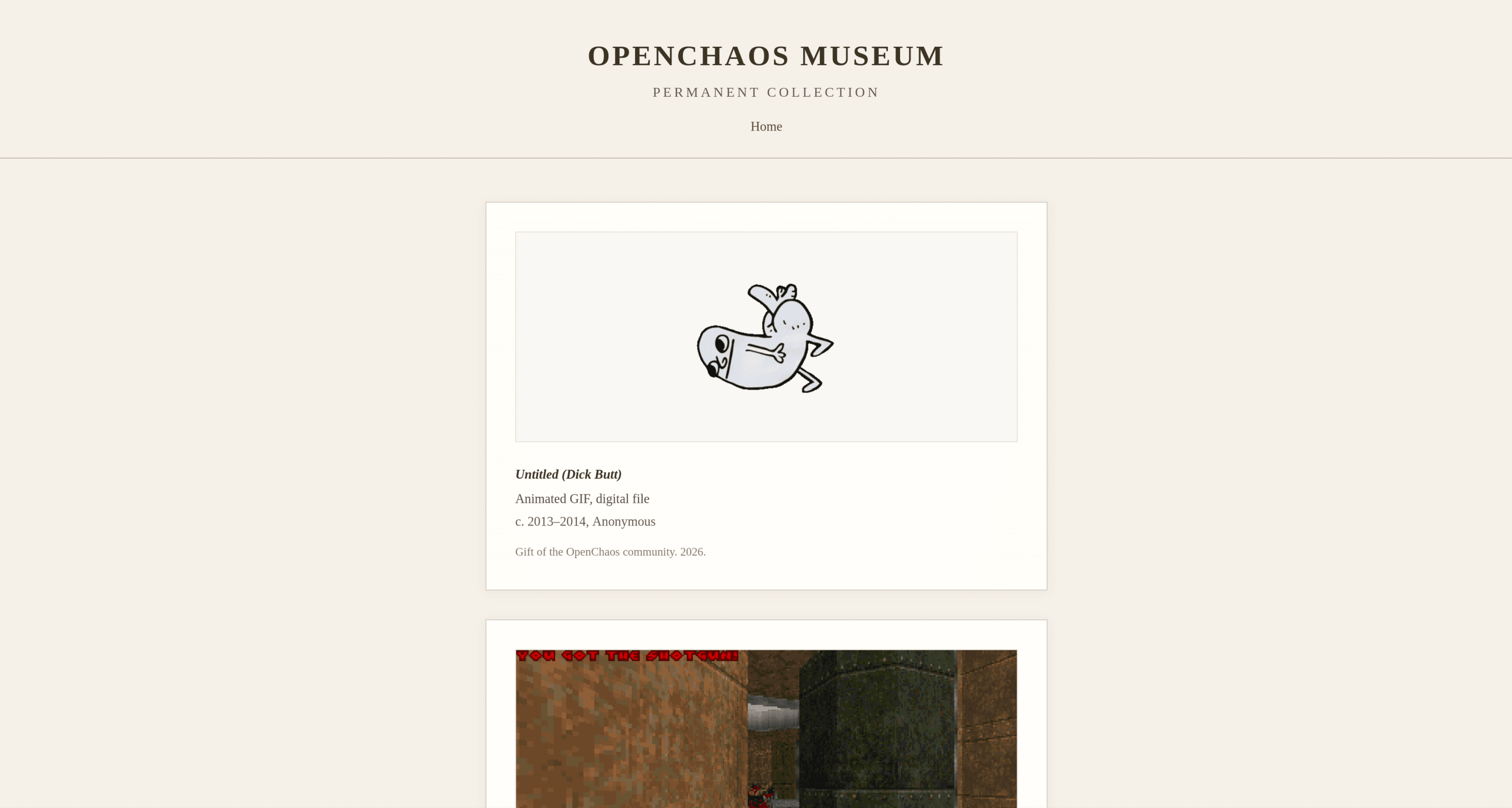 The OpenChaos Museum - dickbutt as a cultural artifact, DOOM as an interactive exhibit