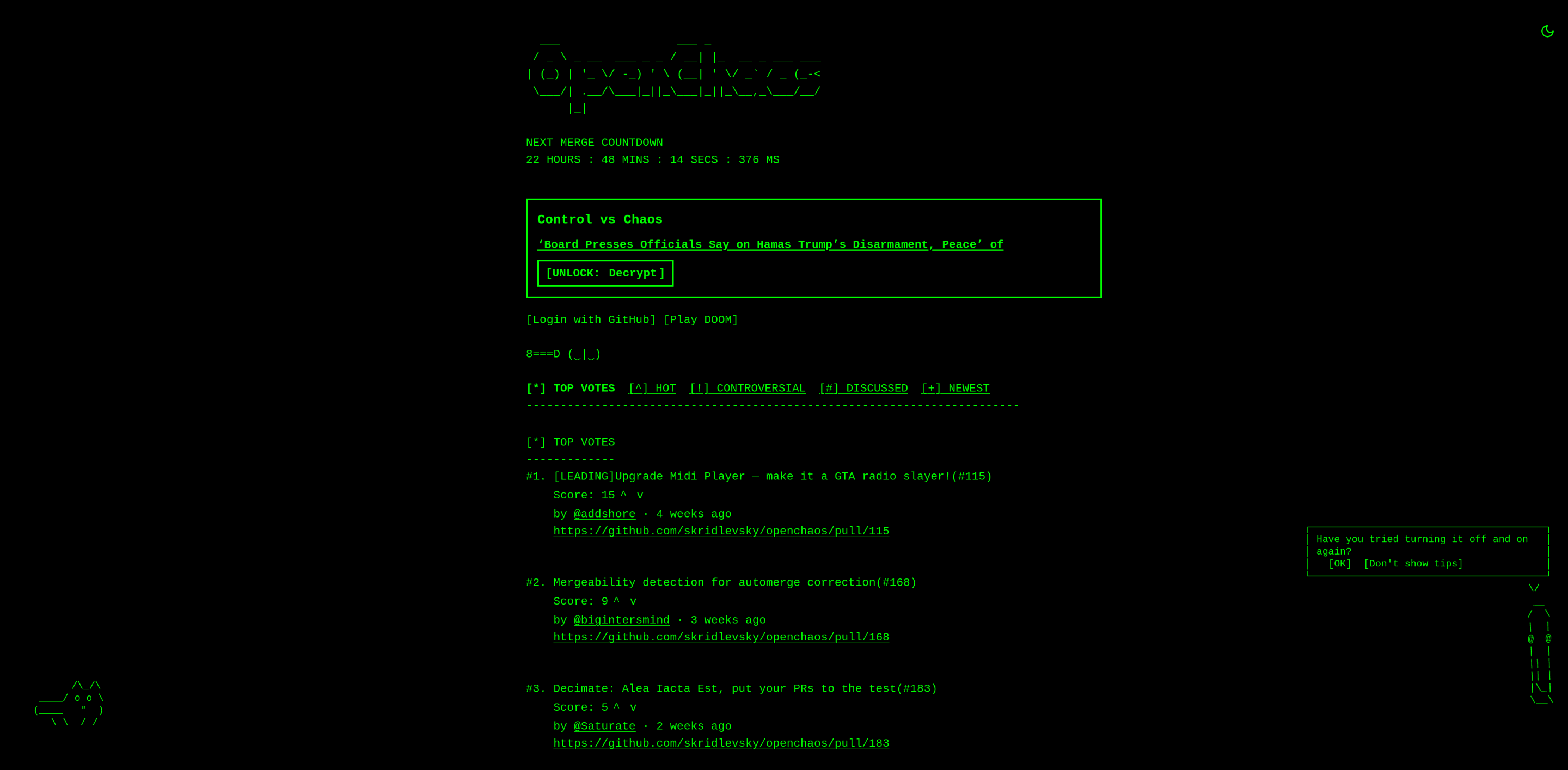 OpenChaos in ASCII mode — text-only brutalist redesign