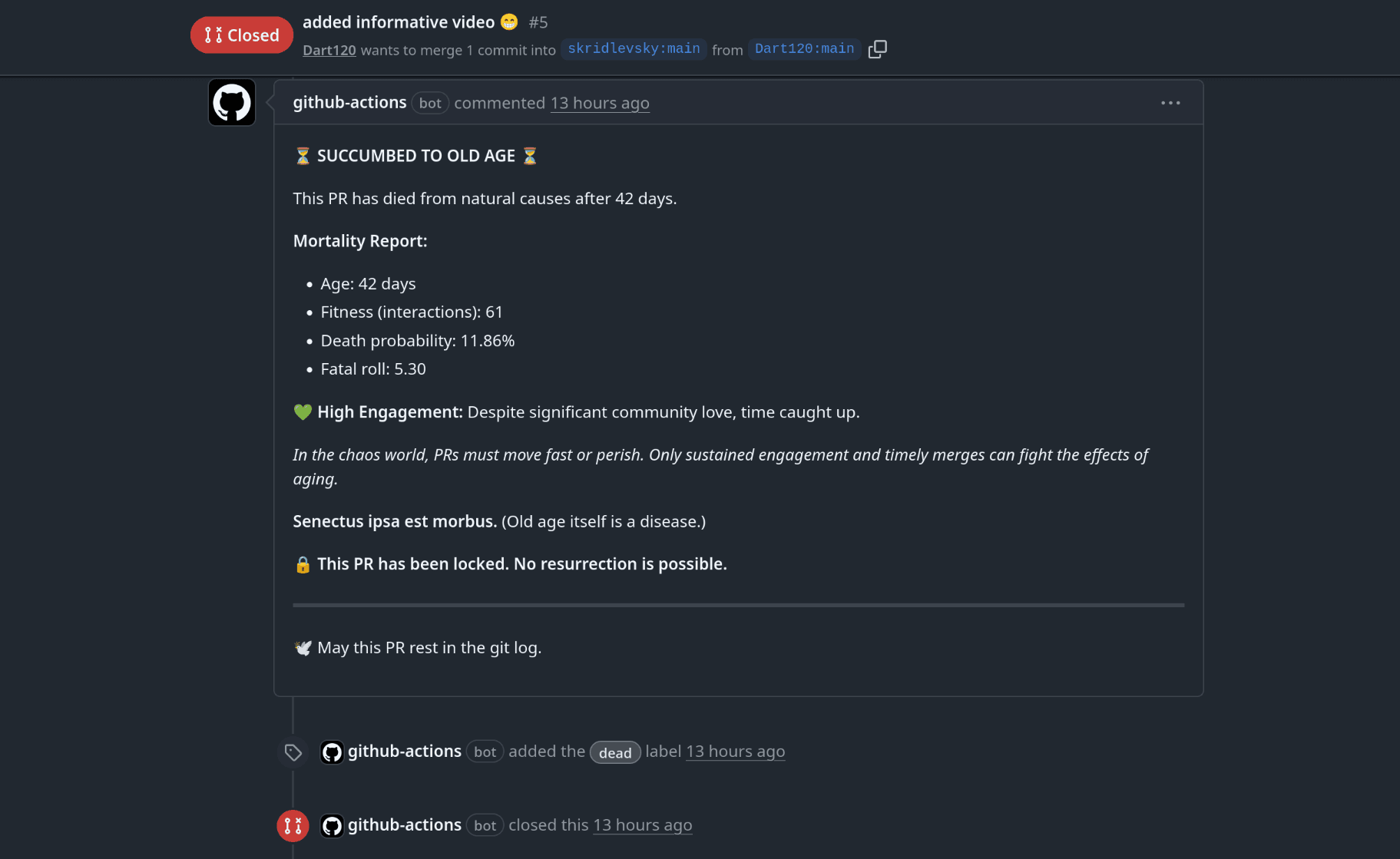 The "SUCCUMBED TO OLD AGE" mortality report from GitHub Actions on a closed PR