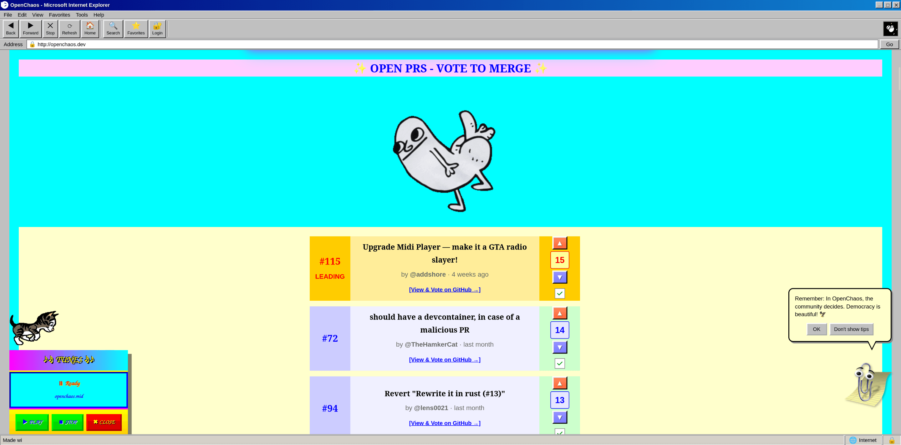 The voting interface on openchaos.dev — PR cards with vote buttons in the IE6 theme