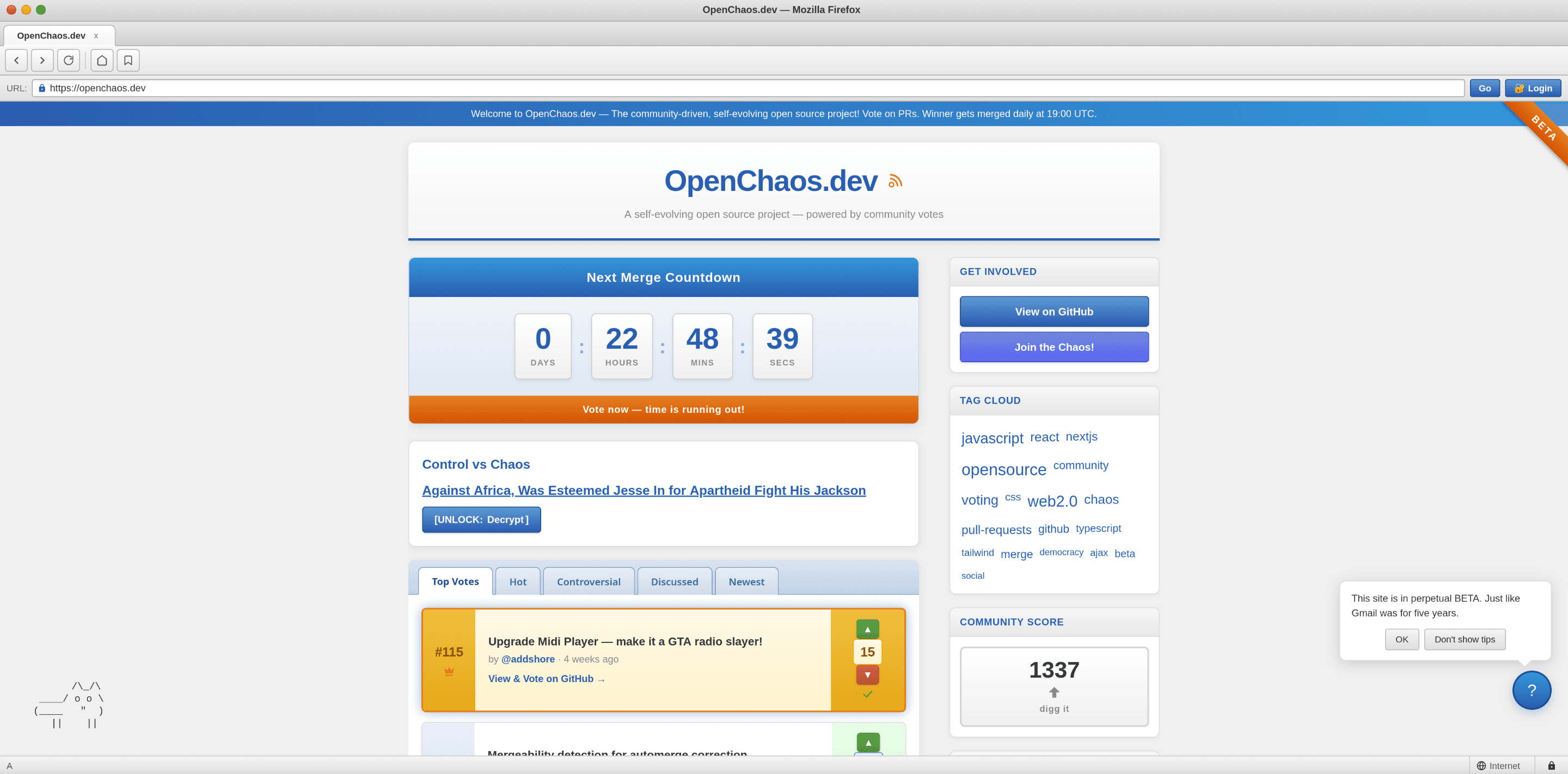 OpenChaos Web 2.0 theme — Firefox 3 chrome, del.icio.us bookmarks, tag cloud